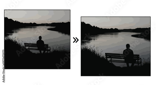 Lone person sitting on bench at dusk overlooking calm river, contemplating nature vector illustration