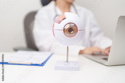 Obraz na plátne Doctor with human Eye anatomy model with magnifying glass