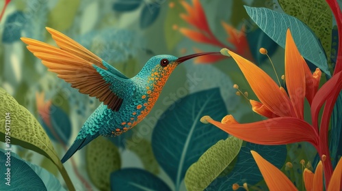 Vibrant Teal And Orange Hummingbird Hovers Near Exotic Orange Flower In Lush Green Tropical Jungle With Soft Natural Lighting