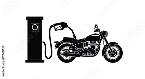 Vintage motorcycle fueling at a retro gas pump, black and white vector illustration