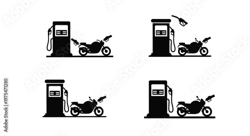 Motorcycle refueling at a gas station, set of 4 icons, flat design, white background vector illustration