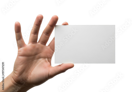 Hand holding a blank white card isolated on transparent background