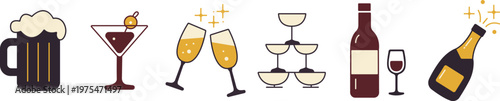 Celebratory drinks collection beer cocktails wine and champagne isolated on transparent background
