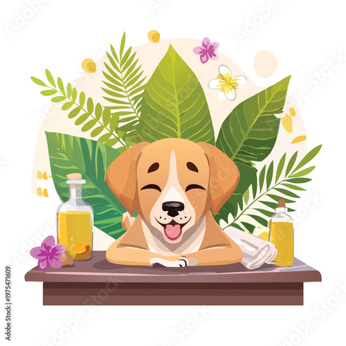 Happy dog relaxing with aromatherapy surrounded by lush greenery