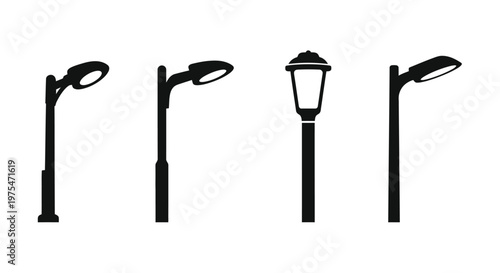 Set of four black street lamp silhouettes on a white background, vector illustration