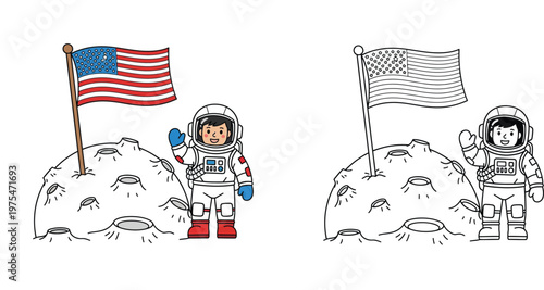 Cute Astronaut on Moon with American Flag - Color and Line Art Versions for Space Exploration, Kids Science, and Patriotic Projects