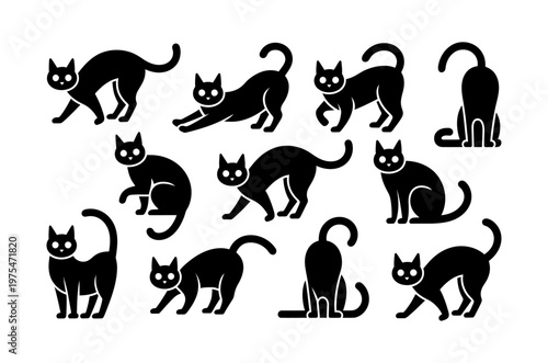 Vector of multiple black cats in various playful and relaxed poses