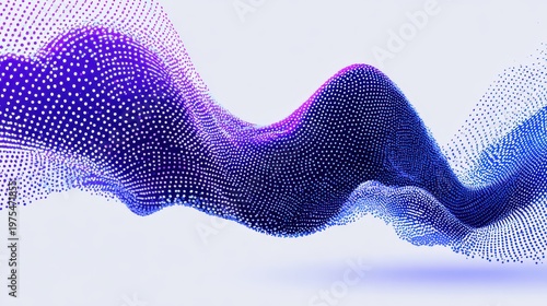 Abstract flowing wave of purple and blue particles against a clean light gray background with subtle shadow effect representing digital data flow and technology in a modern aesthetic