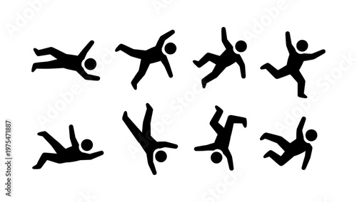 Series of vector stick figures performing various dynamic falling poses