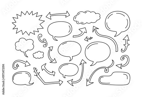 Collection of hand-drawn speech bubbles and arrows in a vector format for communication concepts