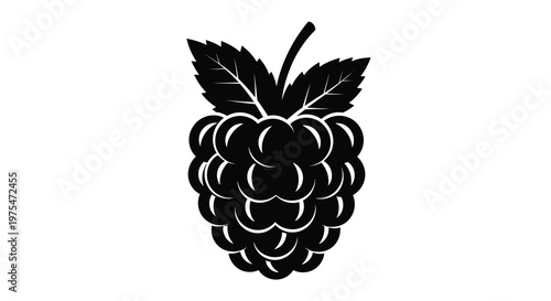 Black raspberry icon with leaves on white background, flat design, vector illustration