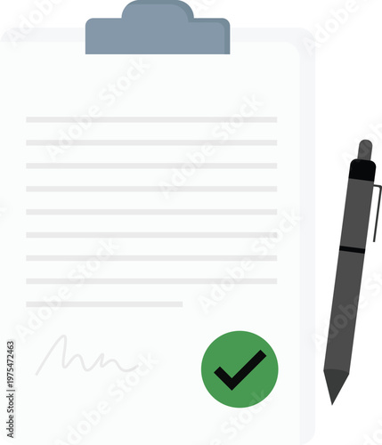 Vector illustration of a clipboard with a completed checklist document and a green checkmark approval symbol, accompanied by a pen.