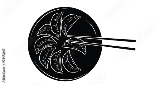 Top view of plate with delicious dumplings and chopsticks, white background vector illustration