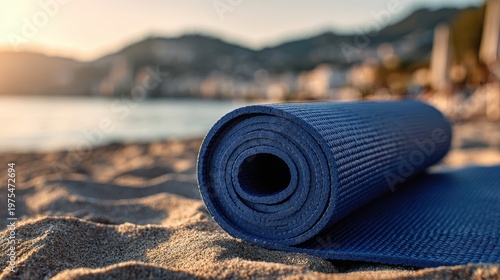 Blue Yoga Mat Resting on Sandy Beach Shoreline with Gentle Ocean Waves and Distant Coastal Hills Under Warm Golden Hour Sunlight