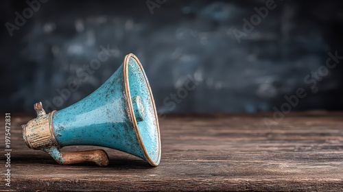 Close Up Of A Cyan Vintage Megaphone With A Rusty Handle Resting On A Weathered Wooden Surface With A Dark Textured Background Studio Shot
