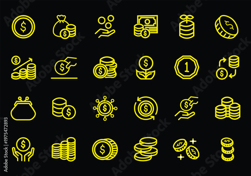 Coins icon set. Contain icons related to Coins, money, and more. Editable stroke. Vector Illustration