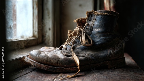 Close-up Of A Worn Out Dusty Leather Boot With Frayed Laces Resting On A Wooden Surface Near A Window With Natural Light