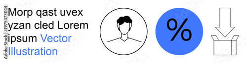 Data analysis, e-commerce, discounts, user profiles, downloading, business concepts. Circular profile icon, percentage in blue and download arrow with a box. E-commerce and discounts concepts