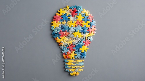 Colorful Puzzle Pieces Assembled Into A Bright Lightbulb Shape Symbolizing Innovation Creativity and New Ideas Against A Neutral Gray Background in Studio Lighting
