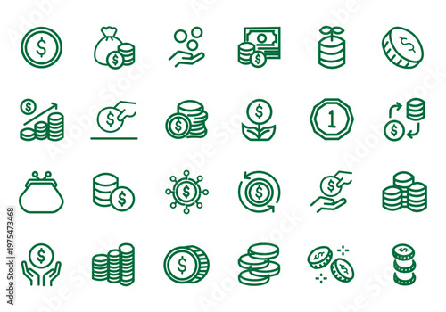Coins icon set. Contain icons related to Coins, money, and more. Editable stroke. Vector Illustration