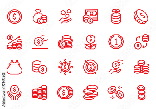 Coins icon set. Contain icons related to Coins, money, and more. Editable stroke. Vector Illustration