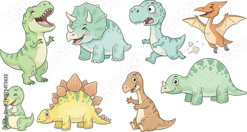 Colorful illustration of various cartoon dinosaurs and one bird in a whimsical setting with different poses and expressions