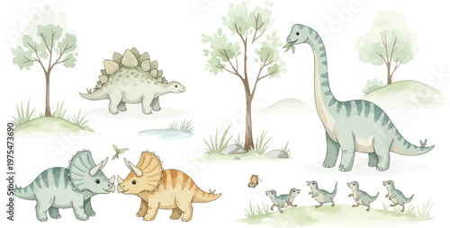 Watercolor illustration of dinosaurs and trees in a prehistoric landscape with a white background