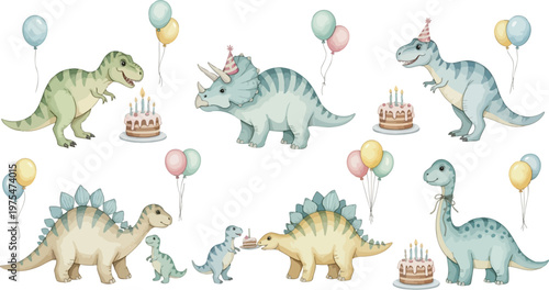 Dinosaurs celebrating with balloons and cakes in a whimsical scene for kids and children