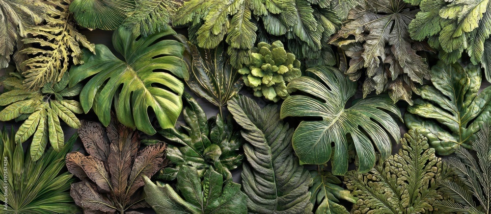 Obraz premium Lush tropical green leaves forming a dense natural background texture