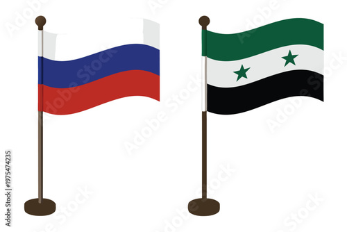 Flags of russia and syria waving on brown flagpoles