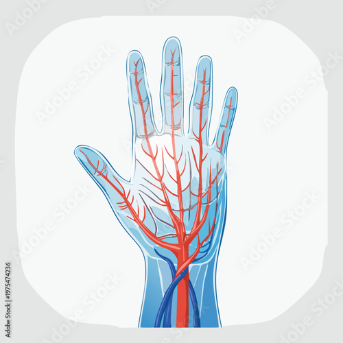 Medical illustration of a human hand showing the circulatory system