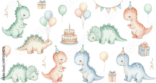 Watercolor dinosaurs and party decorations with balloons and a cake for kids celebration