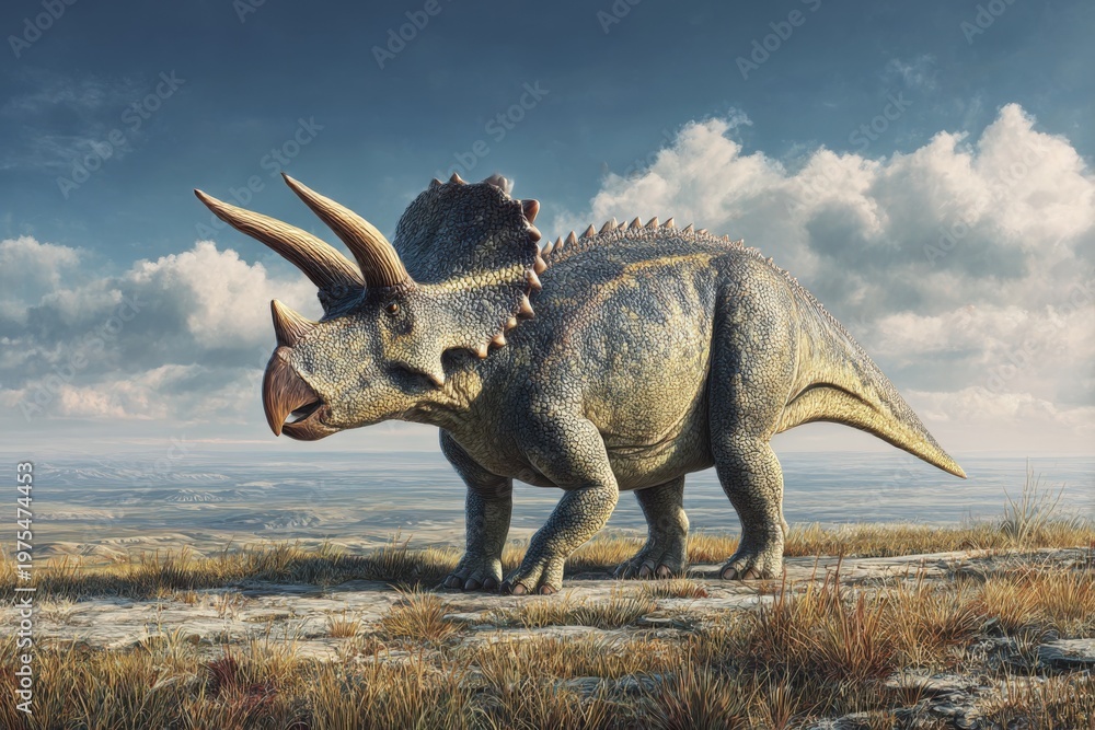 Fototapeta premium Realistic Triceratops Dinosaur with Three Horns and Frill in Natural Landscape