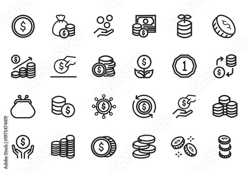 Coins icon set. Contain icons related to Coins, money, and more. Editable stroke. Vector Illustration
