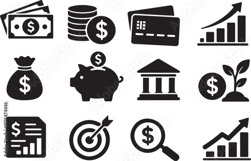 Financial icons depicting money banking investment and economic growth