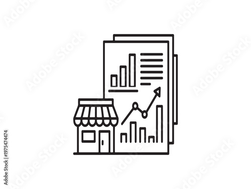 Title business report and storefront icon a combined representation of commerce and data analysis description a black and white line drawing depicts