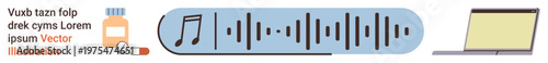 Audio technology, music production, online healthcare, digital tools, medical services, e-learning. A musical note, soundwave medicine bottle and a laptop. Audio technology and music production