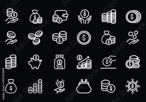 Coins icon set. Contain icons related to Coins, money, and more. Editable stroke. Vector Illustration