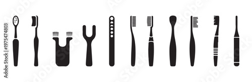 Assortment of dental care tools including tongue cleaners and ergonomic toothbrush models