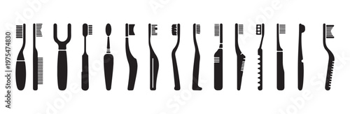 Row of different toothbrush designs and dental maintenance equipment icons for daily use