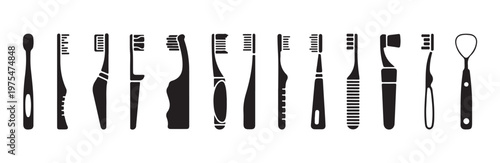 Collection of various toothbrush and dental hygiene tool icons set for cleaning