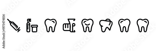 Dental care line icons featuring syringe tooth and medical instruments for clinic services