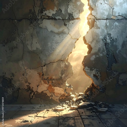 Cracked wall with a bright opening to a luminous sky