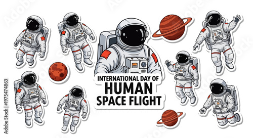 A detailed vector illustration commemorating International Day of Human Space Flight features a cartoon astronaut floating amidst planets and stars, set against a clean white backdrop