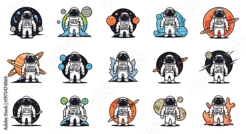 Fifteen stylized astronauts in spacesuits are presented as vector illustrations with planets and celestial bodies, set against a white background that creates a clean, modern design