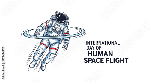 A dynamic vector illustration commemorates International Day of Human Space Flight, depicting an astronaut in a spacesuit floating in space with a stylized ring effect against a clean white