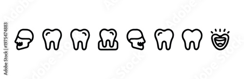 Linear tooth icons and oral cavity symbols for dental healthcare and stomatology clinic use