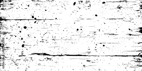 Distressed wood plank vector texture with grunge scratches and black paint splatters abstract background