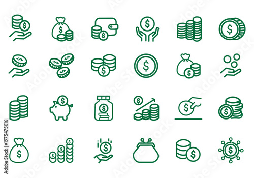 Coins icon set. Contain icons related to Coins, money, and more. Editable stroke. Vector Illustration