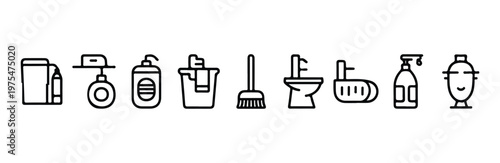 Household cleaning and hygiene icons in line art style for bathroom and kitchen